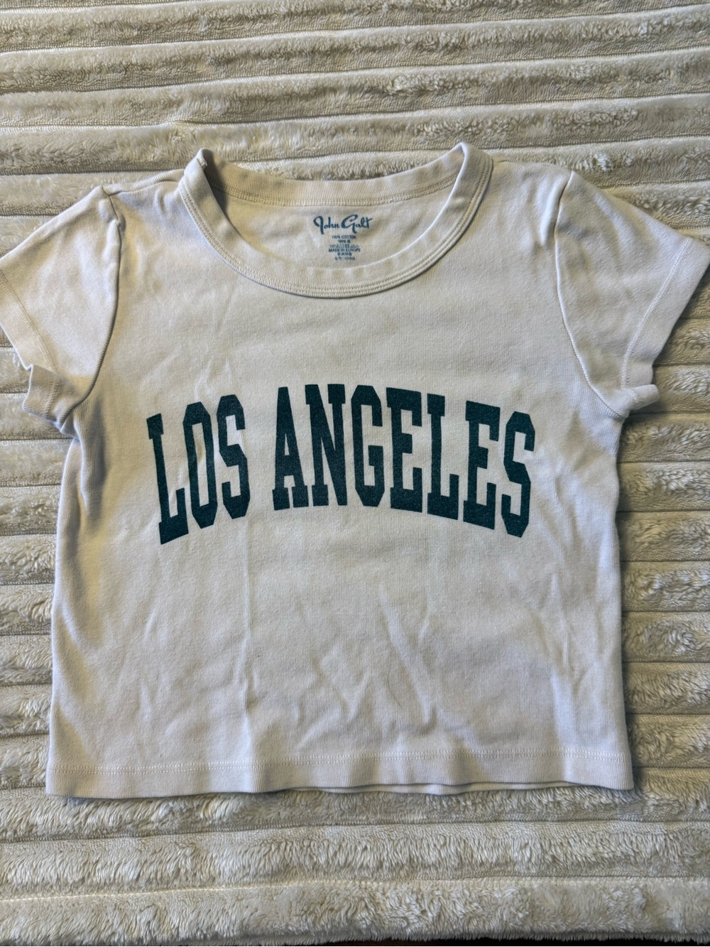 Brandy Melville White Crop Tee with Green "LOS ANGELES" Arch Print